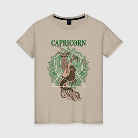 Женская футболка хлопок с принтом Козерог Capricorn винтаж в городе Новоалтайск, 100% хлопок | прямой крой, круглый вырез горловины, длина до линии бедер, слегка спущенное плечо | 