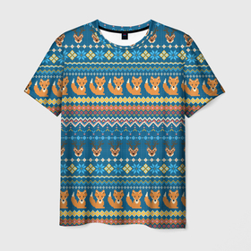 Мужская футболка 3D с принтом Лисички и олени в стиле пиксельной вышивки   Ugly Christmas Sweater в городе Новоалтайск, 100% полиэфир | прямой крой, круглый вырез горловины, длина до линии бедер | 