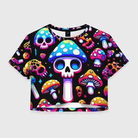 Женская футболка Crop-top 3D с принтом Ice cream skull and fly agaric   ai art fantasy в Новосибирске, 100% полиэстер | круглая горловина, длина футболки до линии талии, рукава с отворотами | 