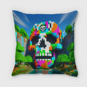 Подушка 3D с принтом Minecraft landscape with skull   ai art fantasy в Новосибирске, наволочка – 100% полиэстер, наполнитель – холлофайбер (легкий наполнитель, не вызывает аллергию). | состоит из подушки и наволочки. Наволочка на молнии, легко снимается для стирки | Тематика изображения на принте: 