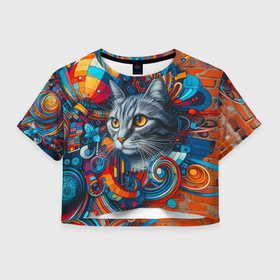 Женская футболка Crop-top 3D с принтом Милая кошечка   граффити в городе Новоалтайск, 100% полиэстер | круглая горловина, длина футболки до линии талии, рукава с отворотами | 
