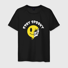 Мужская футболка хлопок с принтом Stay spooky смайл эмодзи в Новосибирске, 100% хлопок | прямой крой, круглый вырез горловины, длина до линии бедер, слегка спущенное плечо. | Тематика изображения на принте: 