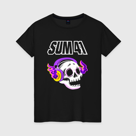 Женская футболка хлопок с принтом Sum41   неоновый череп в городе Новоалтайск, 100% хлопок | прямой крой, круглый вырез горловины, длина до линии бедер, слегка спущенное плечо | 