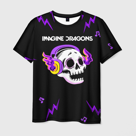Мужская футболка 3D с принтом Imagine Dragons неоновый череп в Ханты-Майнсийске, 100% полиэфир | прямой крой, круглый вырез горловины, длина до линии бедер | Тематика изображения на принте: 
