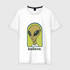 Мужская футболка хлопок с принтом Ufo believe alien в Курске, 100% хлопок | прямой крой, круглый вырез горловины, длина до линии бедер, слегка спущенное плечо. | Тематика изображения на принте: 