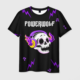 Мужская футболка 3D с принтом Powerwolf неоновый череп в Ханты-Майнсийске, 100% полиэфир | прямой крой, круглый вырез горловины, длина до линии бедер | Тематика изображения на принте: 