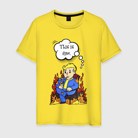 Мужская футболка хлопок с принтом Vault boy in the fire в Санкт-Петербурге, 100% хлопок | прямой крой, круглый вырез горловины, длина до линии бедер, слегка спущенное плечо. | Тематика изображения на принте: 