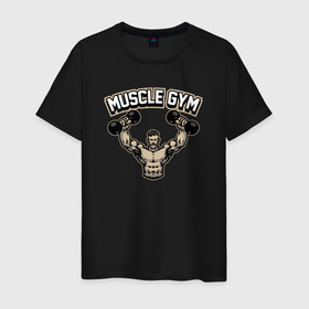 Мужская футболка хлопок с принтом Muscle gym sport в Кировске, 100% хлопок | прямой крой, круглый вырез горловины, длина до линии бедер, слегка спущенное плечо. | Тематика изображения на принте: 