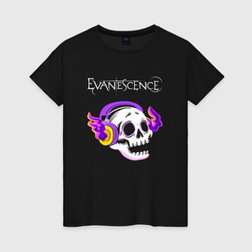 Женская футболка хлопок с принтом Evanescence   неоновый череп в городе Новоалтайск, 100% хлопок | прямой крой, круглый вырез горловины, длина до линии бедер, слегка спущенное плечо | 