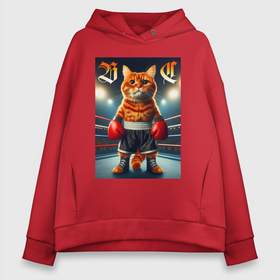 Женское худи Oversize хлопок с принтом Red cat is a professional boxer   ai art fantasy в Курске, френч-терри — 70% хлопок, 30% полиэстер. Мягкий теплый начес внутри —100% хлопок | боковые карманы, эластичные манжеты и нижняя кромка, капюшон на магнитной кнопке | 