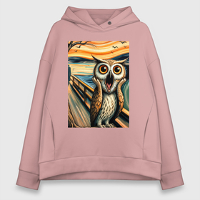 Женское худи Oversize хлопок с принтом Сова кричит на картине Эдварда Мунка   нейроарт в городе Новоалтайск, френч-терри — 70% хлопок, 30% полиэстер. Мягкий теплый начес внутри —100% хлопок | боковые карманы, эластичные манжеты и нижняя кромка, капюшон на магнитной кнопке | 