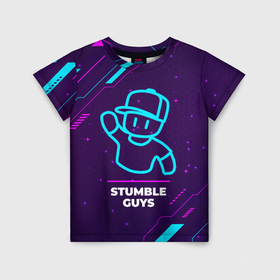 Детская футболка 3D с принтом Символ Stumble Guys в неоновых цветах на темном фоне в Рязани, 100% гипоаллергенный полиэфир | прямой крой, круглый вырез горловины, длина до линии бедер, чуть спущенное плечо, ткань немного тянется | Тематика изображения на принте: 