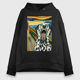 Женское худи Oversize хлопок с принтом Далматинец кричит на картине Эдварда Мунка   мем искусство в городе Новоалтайск, френч-терри — 70% хлопок, 30% полиэстер. Мягкий теплый начес внутри —100% хлопок | боковые карманы, эластичные манжеты и нижняя кромка, капюшон на магнитной кнопке | 