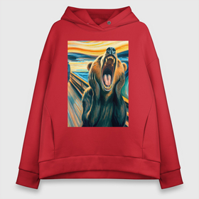 Женское худи Oversize хлопок с принтом Медведь кричит на картине Эдварда Мунка   мем искусство в городе Новоалтайск, френч-терри — 70% хлопок, 30% полиэстер. Мягкий теплый начес внутри —100% хлопок | боковые карманы, эластичные манжеты и нижняя кромка, капюшон на магнитной кнопке | 