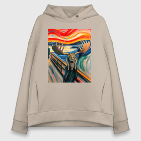 Женское худи Oversize хлопок с принтом Лось кричит на картине Эдварда Мунка   мем искусство в городе Новоалтайск, френч-терри — 70% хлопок, 30% полиэстер. Мягкий теплый начес внутри —100% хлопок | боковые карманы, эластичные манжеты и нижняя кромка, капюшон на магнитной кнопке | 