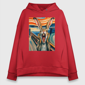 Женское худи Oversize хлопок с принтом Заяц кричит на картине Эдварда Мунка   мем искусство в городе Новоалтайск, френч-терри — 70% хлопок, 30% полиэстер. Мягкий теплый начес внутри —100% хлопок | боковые карманы, эластичные манжеты и нижняя кромка, капюшон на магнитной кнопке | 