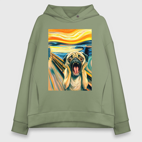 Женское худи Oversize хлопок с принтом Мопс кричит на картине Эдвард Мунк   мем искусство в городе Новоалтайск, френч-терри — 70% хлопок, 30% полиэстер. Мягкий теплый начес внутри —100% хлопок | боковые карманы, эластичные манжеты и нижняя кромка, капюшон на магнитной кнопке | 
