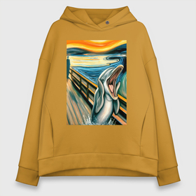 Женское худи Oversize хлопок с принтом Дельфин кричит на картине Эдварда Мунка   мем искусство в городе Новоалтайск, френч-терри — 70% хлопок, 30% полиэстер. Мягкий теплый начес внутри —100% хлопок | боковые карманы, эластичные манжеты и нижняя кромка, капюшон на магнитной кнопке | 