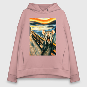 Женское худи Oversize хлопок с принтом Мышка кричит на картине Эдварда Мунка   мем искусство в городе Новоалтайск, френч-терри — 70% хлопок, 30% полиэстер. Мягкий теплый начес внутри —100% хлопок | боковые карманы, эластичные манжеты и нижняя кромка, капюшон на магнитной кнопке | 