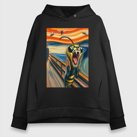 Женское худи Oversize хлопок с принтом Оса кричит на картине Эдварда Мунка   мем искусство в городе Новоалтайск, френч-терри — 70% хлопок, 30% полиэстер. Мягкий теплый начес внутри —100% хлопок | боковые карманы, эластичные манжеты и нижняя кромка, капюшон на магнитной кнопке | 