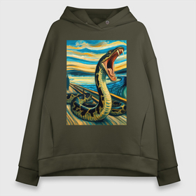 Женское худи Oversize хлопок с принтом Анаконда кричит на картине Эдварда Мунка   мем искусство в городе Новоалтайск, френч-терри — 70% хлопок, 30% полиэстер. Мягкий теплый начес внутри —100% хлопок | боковые карманы, эластичные манжеты и нижняя кромка, капюшон на магнитной кнопке | 