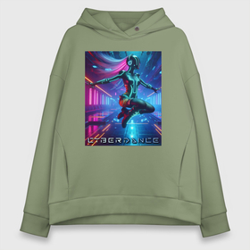 Женское худи Oversize хлопок с принтом Девушка танцует кибер танец   неоновое свечение в городе Новоалтайск, френч-терри — 70% хлопок, 30% полиэстер. Мягкий теплый начес внутри —100% хлопок | боковые карманы, эластичные манжеты и нижняя кромка, капюшон на магнитной кнопке | 