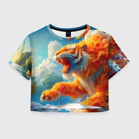 Женская футболка Crop-top 3D с принтом Сказочный тигр   нейроарт фантазия в городе Новоалтайск, 100% полиэстер | круглая горловина, длина футболки до линии талии, рукава с отворотами | 