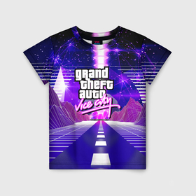 Детская футболка 3D с принтом GTA vice city retrovawe , 100% гипоаллергенный полиэфир | прямой крой, круглый вырез горловины, длина до линии бедер, чуть спущенное плечо, ткань немного тянется | Тематика изображения на принте: 