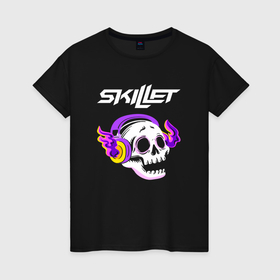Женская футболка хлопок с принтом Skillet   неоновый череп в городе Новоалтайск, 100% хлопок | прямой крой, круглый вырез горловины, длина до линии бедер, слегка спущенное плечо | 