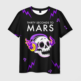Мужская футболка 3D с принтом Thirty Seconds to Mars неоновый череп в Ханты-Майнсийске, 100% полиэфир | прямой крой, круглый вырез горловины, длина до линии бедер | Тематика изображения на принте: 