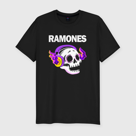 Мужская футболка хлопок Slim с принтом Ramones   неоновый череп в городе Новоалтайск, 92% хлопок, 8% лайкра | приталенный силуэт, круглый вырез ворота, длина до линии бедра, короткий рукав | 