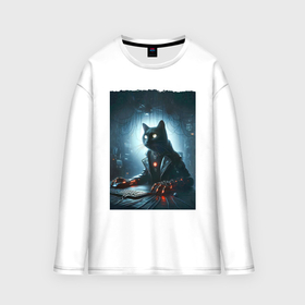 Женский лонгслив oversize хлопок с принтом Кибер кот за компьютером   неоновое свечение в городе Новоалтайск,  |  | 