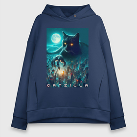 Женское худи Oversize хлопок с принтом Catzilla   meme в Курске, френч-терри — 70% хлопок, 30% полиэстер. Мягкий теплый начес внутри —100% хлопок | боковые карманы, эластичные манжеты и нижняя кромка, капюшон на магнитной кнопке | 