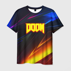 Мужская футболка 3D с принтом Doom stripes fire logo в городе Новоалтайск, 100% полиэфир | прямой крой, круглый вырез горловины, длина до линии бедер | Тематика изображения на принте: 