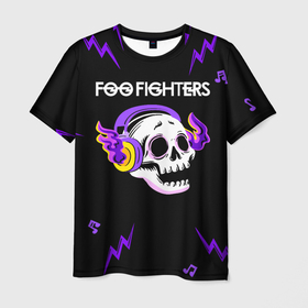 Мужская футболка 3D с принтом Foo Fighters неоновый череп в Ханты-Майнсийске, 100% полиэфир | прямой крой, круглый вырез горловины, длина до линии бедер | Тематика изображения на принте: 