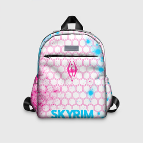 Детский рюкзак 3D с принтом Skyrim neon gradient style по центру в Архангельске, 100% полиэстер | лямки с регулируемой длиной, сверху петелька, чтобы рюкзак можно было повесить на вешалку. Основное отделение закрывается на молнию, как и внешний карман. Внутри дополнительный карман. По бокам два дополнительных кармашка | Тематика изображения на принте: 