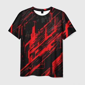 Мужская футболка 3D с принтом Red stripes on a black background в городе Новоалтайск, 100% полиэфир | прямой крой, круглый вырез горловины, длина до линии бедер | Тематика изображения на принте: 