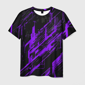 Мужская футболка 3D с принтом Purple stripes on a black background в городе Новоалтайск, 100% полиэфир | прямой крой, круглый вырез горловины, длина до линии бедер | Тематика изображения на принте: 