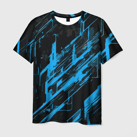 Мужская футболка 3D с принтом Blue stripes on a black background в городе Новоалтайск, 100% полиэфир | прямой крой, круглый вырез горловины, длина до линии бедер | Тематика изображения на принте: 