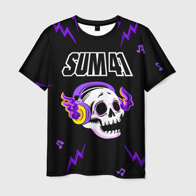 Мужская футболка 3D с принтом Sum41 неоновый череп в Ханты-Майнсийске, 100% полиэфир | прямой крой, круглый вырез горловины, длина до линии бедер | Тематика изображения на принте: 