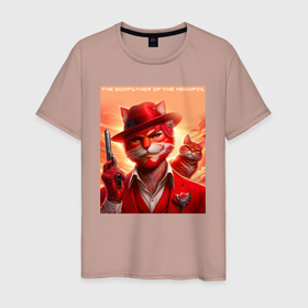 Мужская футболка хлопок с принтом The godfather of the meowfia   ai art fantasy в Петрозаводске, 100% хлопок | прямой крой, круглый вырез горловины, длина до линии бедер, слегка спущенное плечо. | Тематика изображения на принте: 