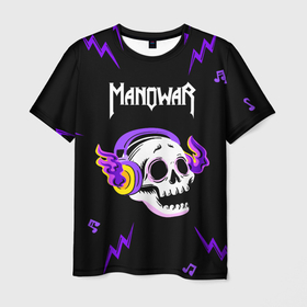 Мужская футболка 3D с принтом Manowar неоновый череп в Ханты-Майнсийске, 100% полиэфир | прямой крой, круглый вырез горловины, длина до линии бедер | Тематика изображения на принте: 
