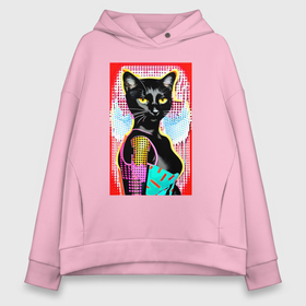 Женское худи Oversize хлопок с принтом Фигуристая чёрная кошечка  в стиле поп арт в городе Новоалтайск, френч-терри — 70% хлопок, 30% полиэстер. Мягкий теплый начес внутри —100% хлопок | боковые карманы, эластичные манжеты и нижняя кромка, капюшон на магнитной кнопке | 