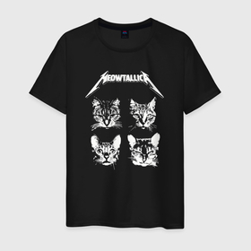 Мужская футболка хлопок с принтом Meowtallica cats в Петрозаводске, 100% хлопок | прямой крой, круглый вырез горловины, длина до линии бедер, слегка спущенное плечо. | Тематика изображения на принте: 