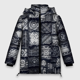Женская зимняя куртка Oversize с принтом Африканские узоры на пэчворк дениме в городе Новоалтайск, верх — 100% полиэстер; подкладка — 100% полиэстер; утеплитель — 100% полиэстер | длина ниже бедра, силуэт Оверсайз. Есть воротник-стойка, отстегивающийся капюшон и ветрозащитная планка. 

Боковые карманы с листочкой на кнопках и внутренний карман на молнии | 
