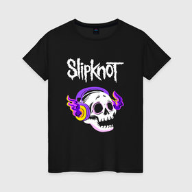 Женская футболка хлопок с принтом Slipknot   неоновый череп в городе Новоалтайск, 100% хлопок | прямой крой, круглый вырез горловины, длина до линии бедер, слегка спущенное плечо | 
