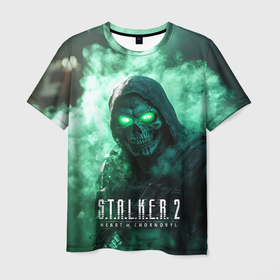Мужская футболка 3D с принтом Stalker 2 череп с зелеными глазами в городе Новоалтайск, 100% полиэфир | прямой крой, круглый вырез горловины, длина до линии бедер | 
