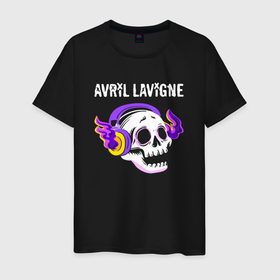 Мужская футболка хлопок с принтом Avril Lavigne   неоновый череп в Ханты-Майнсийске, 100% хлопок | прямой крой, круглый вырез горловины, длина до линии бедер, слегка спущенное плечо. | Тематика изображения на принте: 