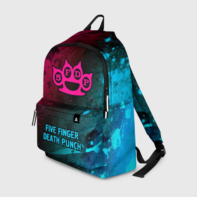Рюкзак 3D с принтом Five Finger Death Punch   neon gradient по центру в Архангельске, 100% полиэстер | лямки с регулируемой длиной, сверху петелька, чтобы рюкзак можно было повесить на вешалку. Основное отделение закрывается на молнию, как и внешний карман. Внутри два дополнительных кармана, один из которых закрывается на молнию. По бокам два дополнительных кармашка | Тематика изображения на принте: 