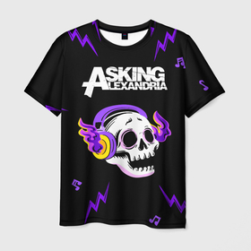 Мужская футболка 3D с принтом Asking Alexandria неоновый череп в Ханты-Майнсийске, 100% полиэфир | прямой крой, круглый вырез горловины, длина до линии бедер | Тематика изображения на принте: 